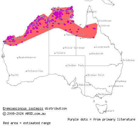 northern bar-lipped skink (Eremiascincus isolepis) distribution range map