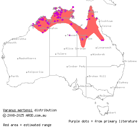 Mertens' water monitor (Varanus mertensi) distribution range map