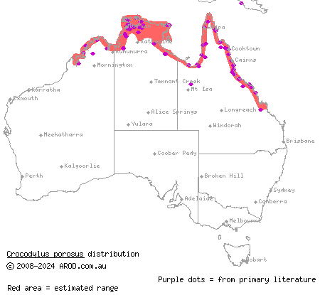 saltwater crocodile (Crocodylus porosus) distribution range map