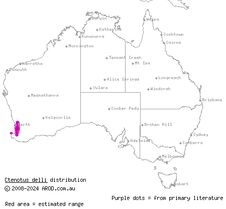 Darling Range heath ctenotus (Ctenotus delli) distribution range map